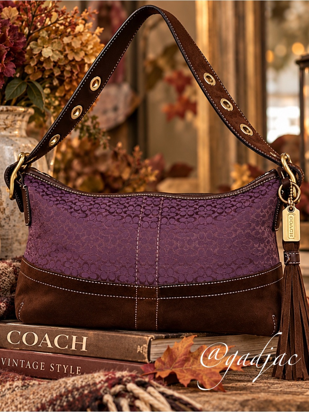 VINTAGE Coach Plum Purple Jacquard Suede Sufflette Crossbody Hobo Bag F10418